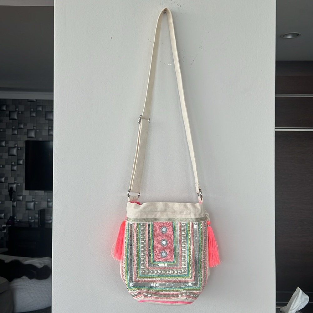 Canvas Drawstring Bag With Sequin And Pearl Work - image 6
